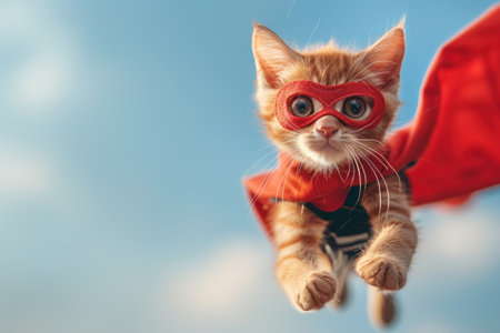 A small kitten donning a red mask and cape, portraying a superhero cat in a playful and adorable manner.の素材