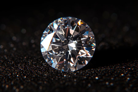 A single diamond glistens brilliantly against a black background, showing its intricate facets and stunning clarity.の素材