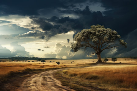 A dirt road cuts through the African savannah landscape, with a lone tree standing proudly in the middle. The stormy sky adds a dramatic backdrop to the scene.の素材