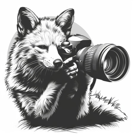 Generative AI. Creative image Profession wildlife photographer. Red fox with a photo camera on a white backgroundの素材