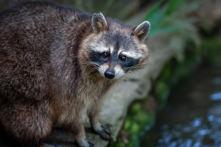A raccoon stands alert on a rock near a calm body of water, looking around its surroundingsの写真素材