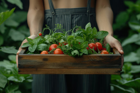 A person holds a wooden box filled with a variety of fresh vegetables in a garden setting. The box is brimming with colorful produce, showcasing a bountiful harvest.の素材