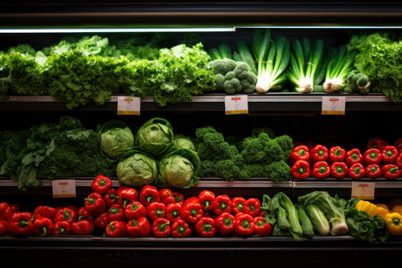 The image shows a bustling produce section in a grocery store, brimming with a colorful array of fresh vegetables. Customers can be seen browsing and selecting items, while employees restock the shelves.の素材