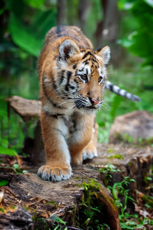 Tiger cub in the wild. Animal in green grass. Wild cat in nature habitatの写真素材