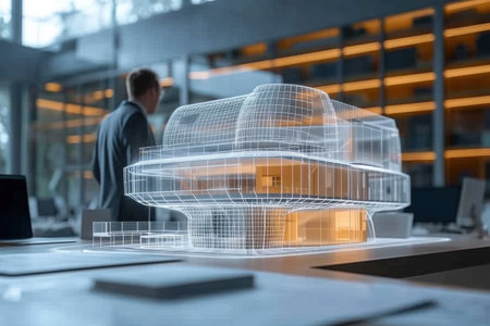 A model of a building is the main focus of the photo, with a professional engineer in the background. The engineer, depicted in a back view, is observing the model.の素材
