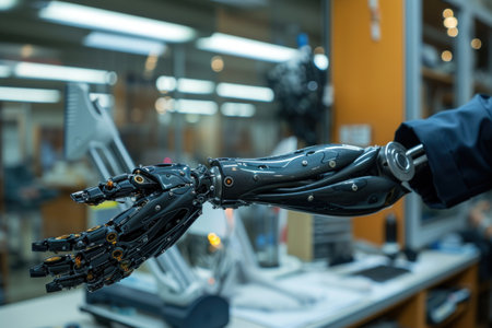 A state-of-the-art robotic hand is being tested in a medical technology facility. The robotic hand is seen holding an object in a clean, well-lit room.の素材
