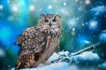 An owl sits on a snowy branch, its striking yellow eyes observing the winter scene around it. Soft snowflakes fall gently in a tranquil forest setting.の写真素材