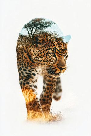 A leopard gracefully walks through a blurred landscape, showing the intricate blend of its form with lush trees and vibrant earth. The artwork highlights the elegance of wildlife.の素材