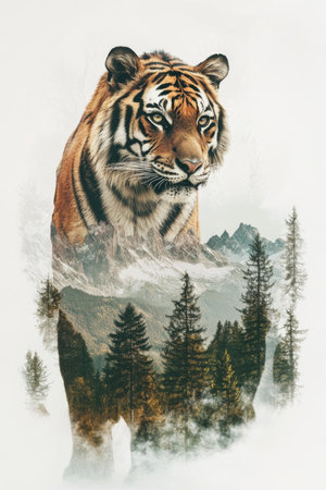 A powerful tiger gazes intently, elegantly blended with a backdrop of serene mountains and lush trees, highlighting the connection between wildlife and nature.の素材
