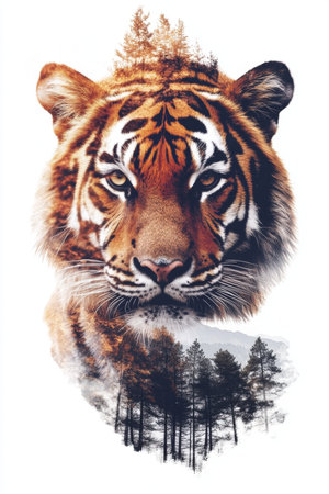 The striking image captures a powerful tiger blended with a serene forest scene, symbolizing the connection between wildlife and their natural habitat in vivid detail.の素材