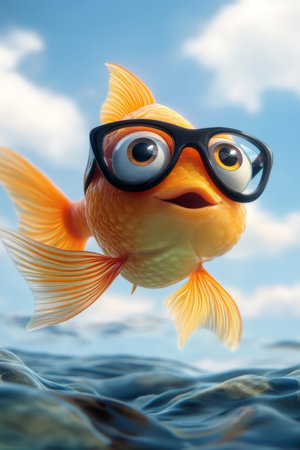 A cheerful goldfish with big eyes and glasses floats happily in the ocean, enjoying its playful time under the sunny sky adorned with fluffy clouds.の素材