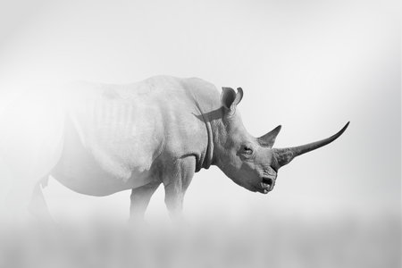 ANIMAL comes out of the fog on a light background, black and white photoの写真素材