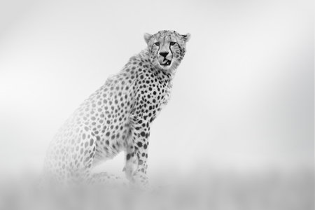 Cheetah comes out of the fog on a light background, black and white photoの写真素材