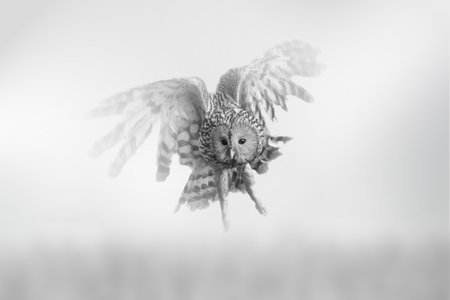 Owl comes out of the fog on a light background, black and white photoの写真素材