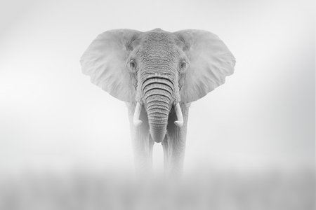 Elephant comes out of the fog on a light background, black and white photoの写真素材
