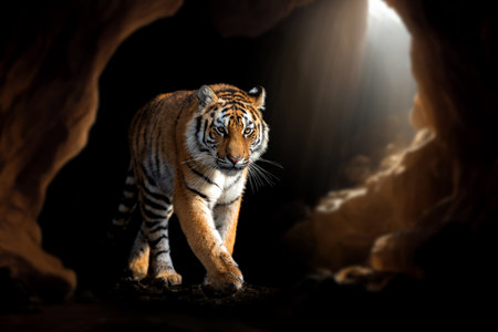 Close up beautiful big tiger isolated on black background in cave with raysの写真素材