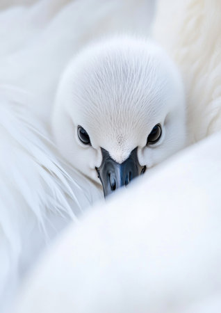 The soft features of a young swan are highlighted as it rests closely among the protective feathers of an adult swan. This intimate encounter takes place in a serene environment, emphasizing the nurturing nature of swan parenting and the gentle beauty of wildlife.の素材