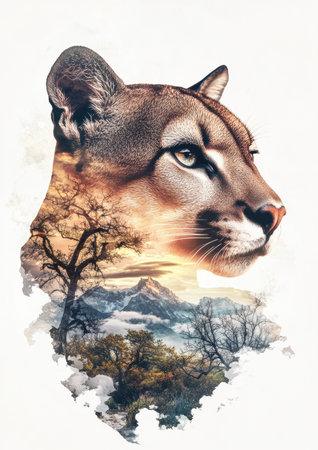 A mountain lion's profile seamlessly transitions into a breathtaking mountainous landscape, showing vibrant sunset colors. The majestic animal appears poised and alert, while rich greenery and rugged peaks create a stunning backdrop.の素材