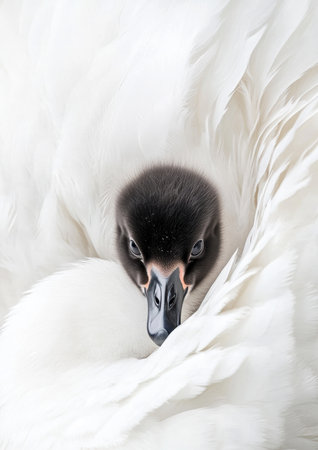 A young swan cuddles closely against the soft, downy feathers of an adult swan, basking in comfort and warmth. This tender moment highlights the bond between parent and offspring.の素材