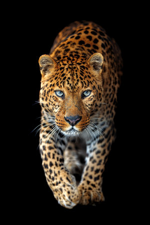 Close up beautiful big leopard isolated on black backgroundの写真素材