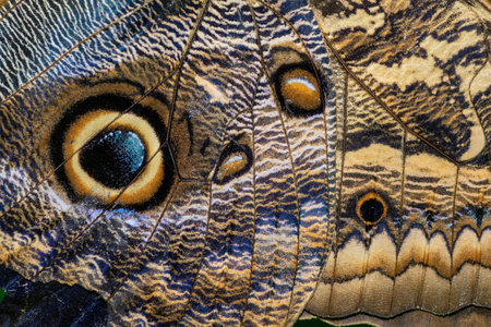 Colorful wings of a tropical butterfly are displayed in vibrant detail, highlighting intricate patterns and striking hues. This macro shot captures the mesmerizing beauty of nature's artistry.の写真素材
