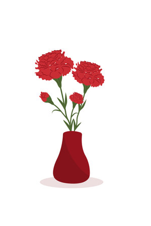 Red carnations bouquet in a vase. Flat vector illustration.. Isolated on white. vector illustration. Collection for Mother's Day, victory dayのイラスト素材
