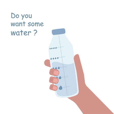 A plastic water bottle is held in the hand. A bottle with drops on the graduations. Vector illustration in a flat style.のイラスト素材