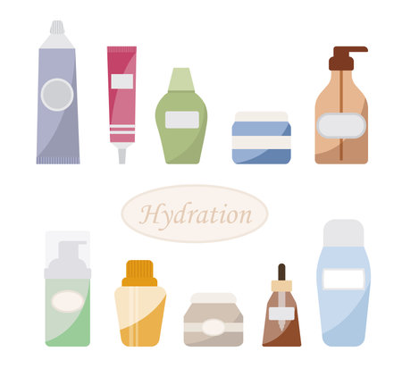 Cosmetic beauty products in bottles, jars set. Body, face care, skincare hygiene essences. Cream, lotion, hair shampoo, shower gel, soap. Flat graphic vector illustrations isolated on white backgroundのイラスト素材