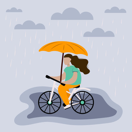 Girl in raincoat riding on a bicycle under the rain. Cycling in the rain title. Hand drawn cartoon illustrationのイラスト素材