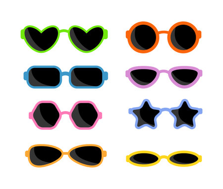 Fashion set sunglasses accessory sun spectacles plastic frame modern eyeglasses vector illustration.のイラスト素材