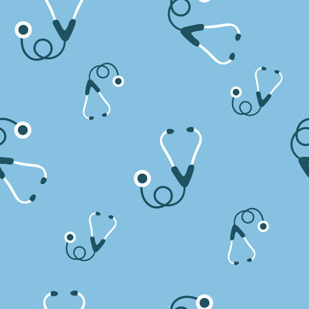 Seamless pattern with a stethoscope on a blue background. flat vector illustrationのイラスト素材