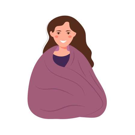 The girl is sitting wrapped in a blanket. Flat vector illustration isolated on white background.のイラスト素材