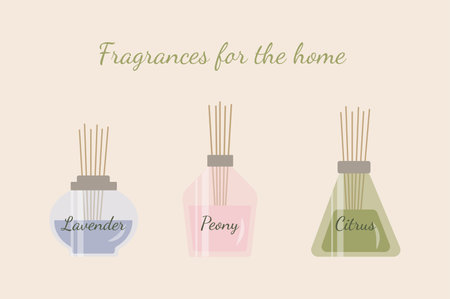 Set with aroma diffusers for the home. Glass bottles with home fragrances of various shapes and scents, with an inscription. Flat vector illustration.のイラスト素材