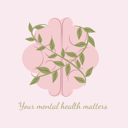 Your mental health is important inscription. With a brain braided with twigs with leaves on a pink background. vector illustrationのイラスト素材