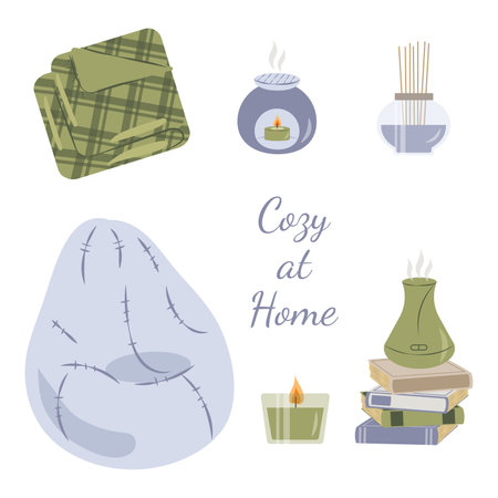 Cozy home.a set of things for home and comfort with a comfortable chair and a blanket, home fragrances.のイラスト素材