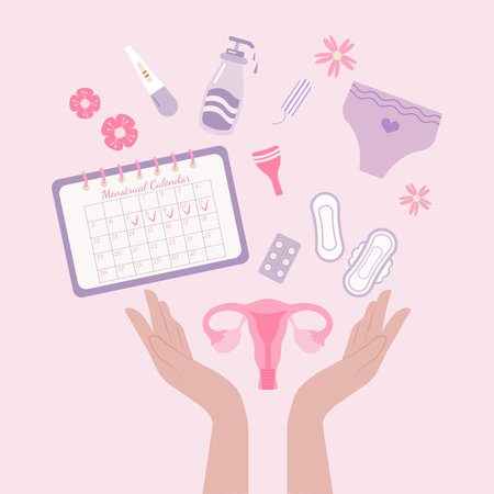 Women hold uterus,menstrual cup, tampon, pregnancy test, smartphone , menstrual calendar application, app for menstruation periods, female hands, flowers, hand drawn vector illustrationsのイラスト素材