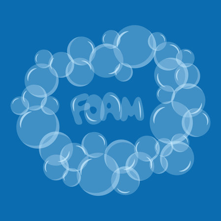 Set of transparent soap bubbles. Spherical ball, blue water and foam, water wash.Inscription foam.Vector illustrationのイラスト素材