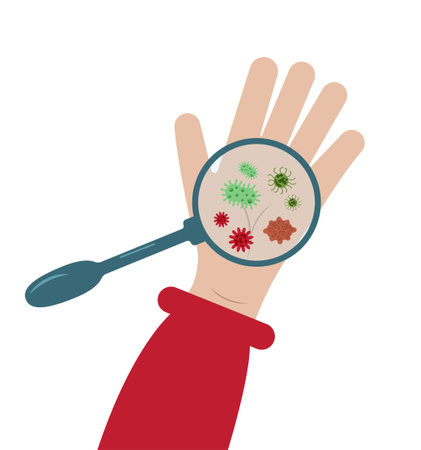 Germs and bacteria characters on human hand through magnifying glass. Infectious viruses and microbes under loupe. Hygiene concept vector illustrationのイラスト素材