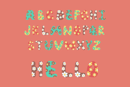 Hand-drawn alphabet with letters in flowers, on a colored background.のイラスト素材