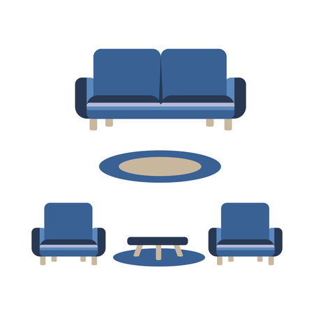 Set sofa with armchairs, table and carpet. Flat vector illustration. The interior of a cozy living room in a classic style.のイラスト素材