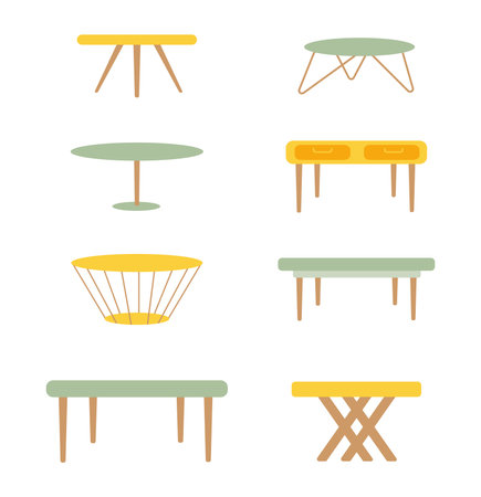 A set of different tables, coffee tables for lunch. Tables for the interior. Flat vector illustration.のイラスト素材