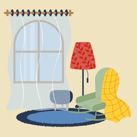 Living room with rocking chair, warm blanket and tulle window. Flat vector illustration.のイラスト素材
