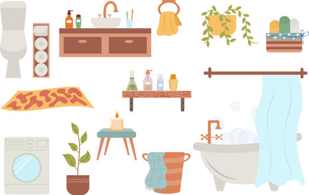 bathroom interior. toilet room. Bathtub and laundry basket. Sink with toiletries. washing machine. Toilet elements set. vector flat illustrationのイラスト素材