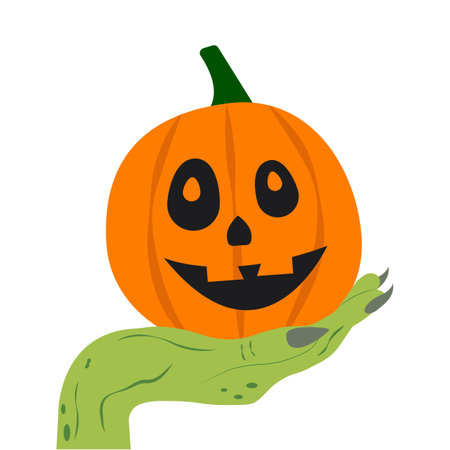 The witchs hand holds a pumpkin. Cute halloween illustrationのイラスト素材