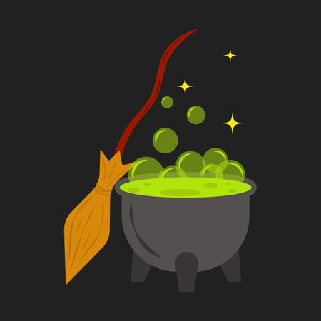 witchs cauldron with a gurgling potion and a flying broomのイラスト素材