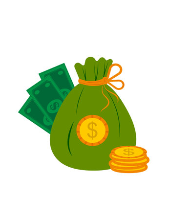 Money bag, collection bag. Banknotes and coins next to the bag. Vector illustrationのイラスト素材