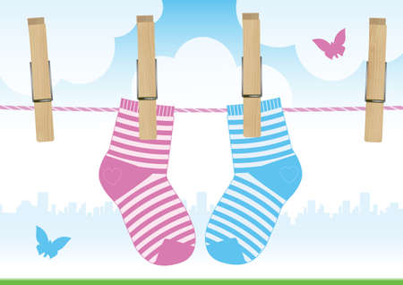   illustration of a clothesline with clothes pins and baby socks.のイラスト素材