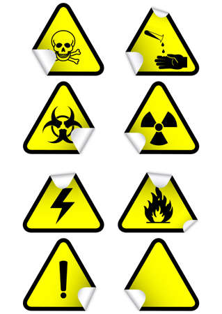 illustration set of different hazmat warning signs on peeled corners. illustration set of different hazmat warning signs on peeled corners.
