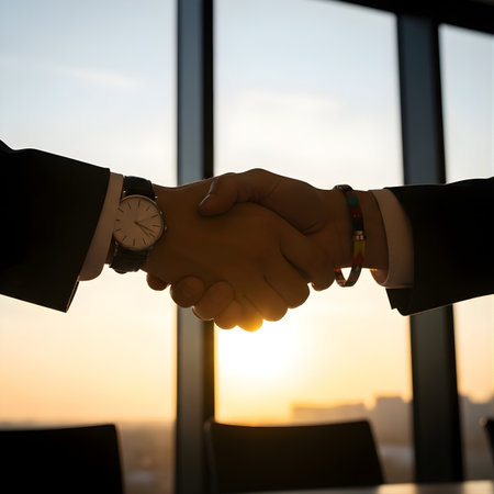 Businessman and businesswoman shaking hands with each other in office.の素材