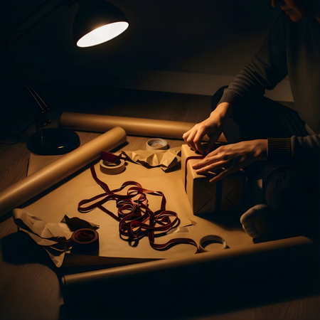 A man is wrapping a gift in a cardboard box in the darkの素材